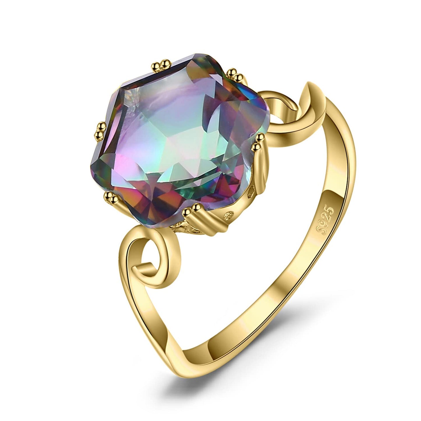 JewelryPalace Fancy Cut 5.7ct Multicolor Genuine Rainbow Quartz Cocktail Rings for Her, 14K Yellow Gold Plated 925 Sterling Silver Ring for Women, Natural Gemstone Jewelry Rings 6