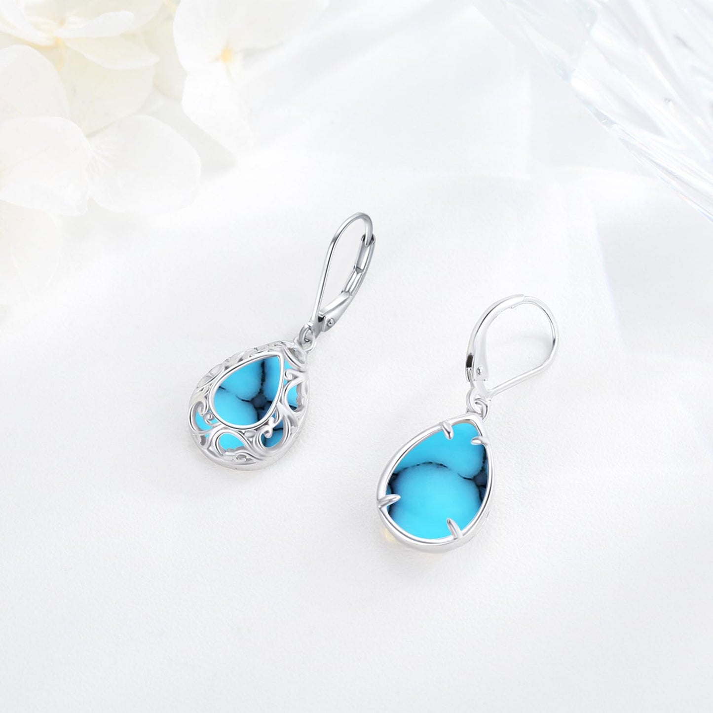 KoyeKei Filigree Turquoise Leverback Earrings for Women 925 Sterling Silver Turquoise Teardrop Dangle Drop Earrings Filigree Jewelry Birthday Graduation Gifts for Lover Her Best Friend