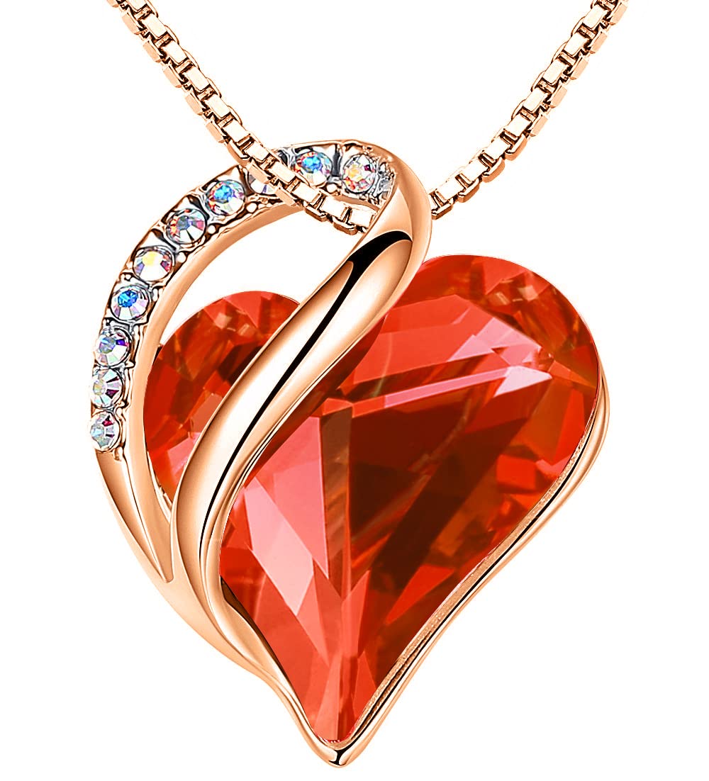 Leafael Gifts for Women Rose Gold Plated Necklaces: Heart Carnelian Red Crystal, Birthstone for January and July, Hypoallergenic Chain (18"+2"), Birthday Jewelry for Mom and Wife