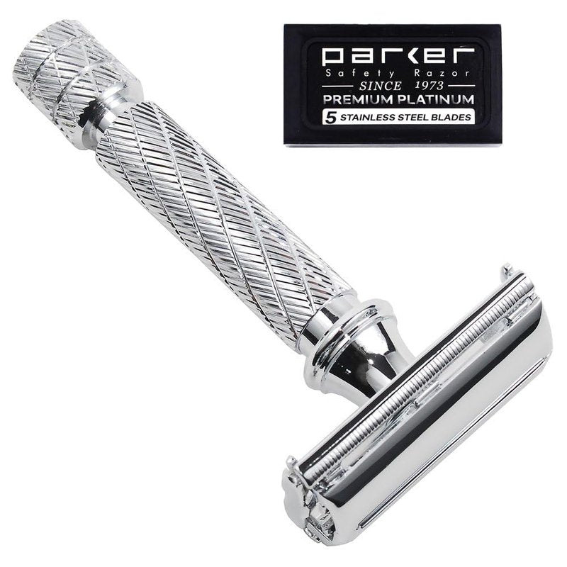 Parker 87R Compact Butterfly Safety Razor - Short Handle Brass Frame with Textured Grip for Precision Wet Shaving