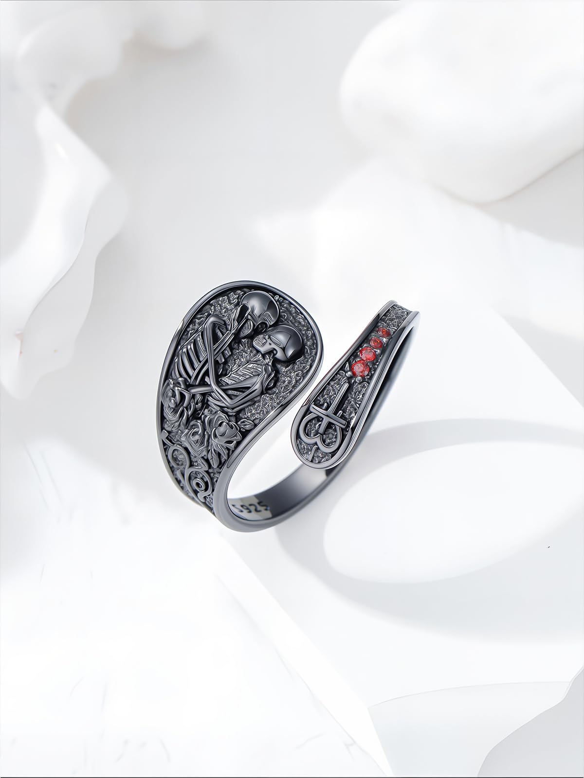 Midari Skull Couple Spoon Rings for Women 925 Sterling Silver Black Adjustable Punk Skull Rings Open Antique Skeleton Spoon Rings Jewelry for Women Hallowee Birthday Christmas Gifts