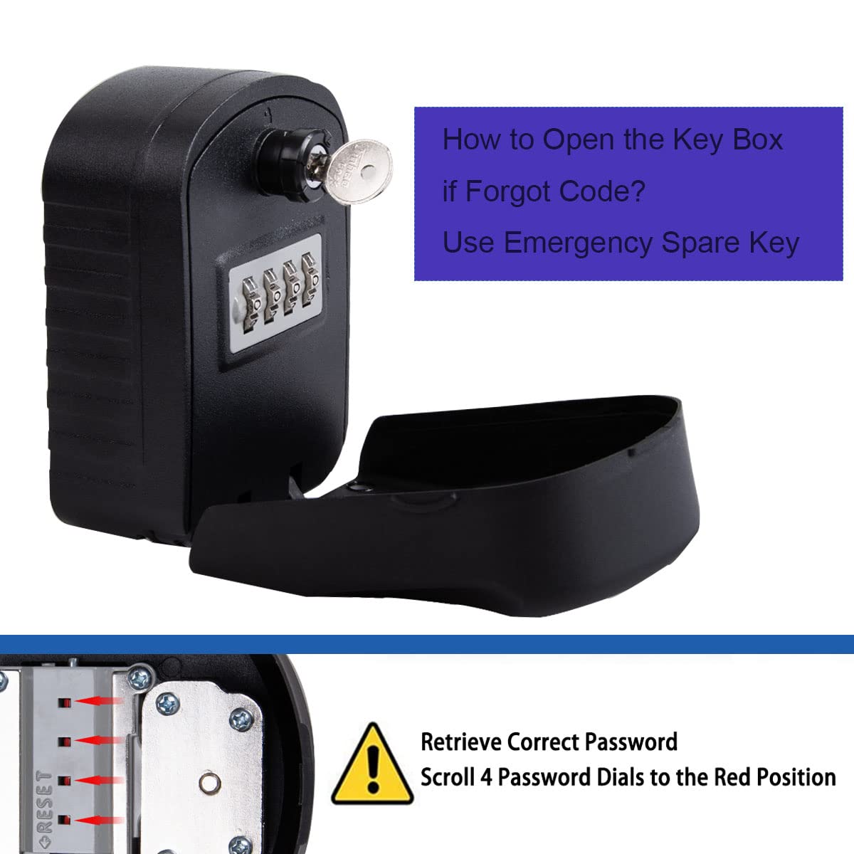 Xeano Extra Large Key Lock Box with 4 Digit Combination and Spare Key Sturdy Key Safe Box Wall Mounted Outdoor Intdoor Weatherproof Key Storage Box for Home Office Garage School Factory (Black)