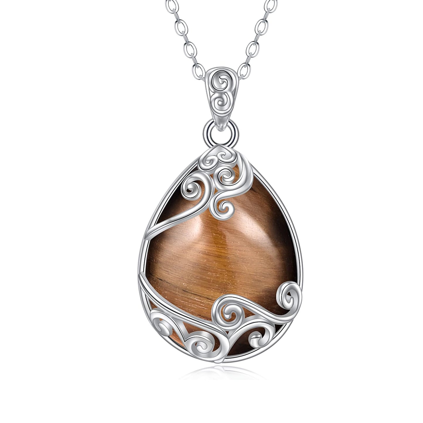 YAFEINI 925 Sterling Silver Tiger Eye Stone Necklace Filigree Teardrop Pendant Necklace Jewelry for Women (EE-Tiger Eye Stone Filigree Necklace)