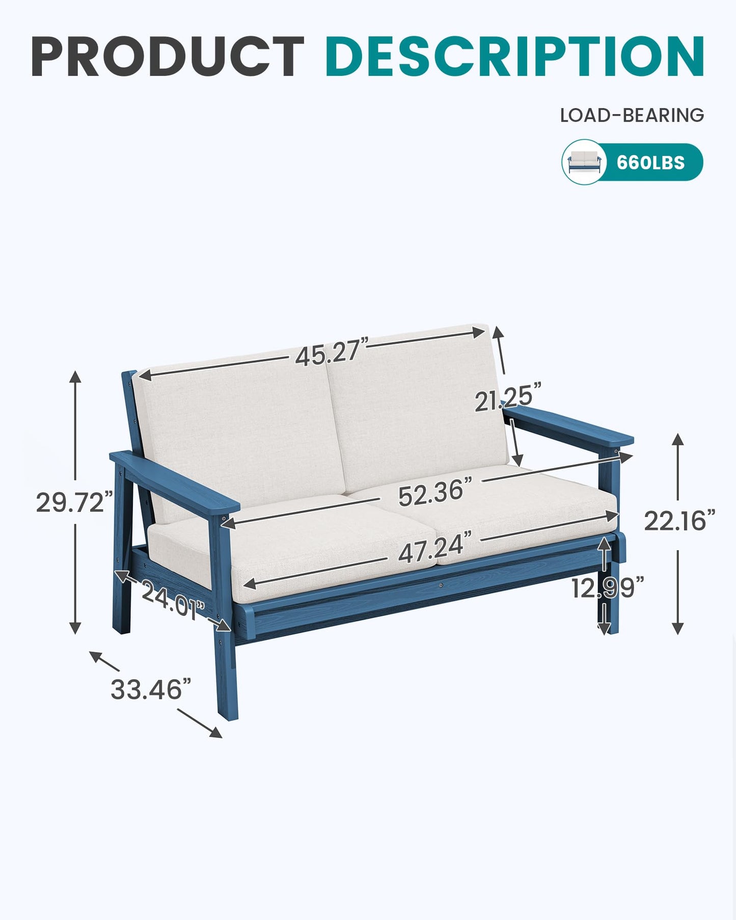 SERWALL HDPE Outdoor Patio Loveseat, Blue Frame and Khaki Cushion