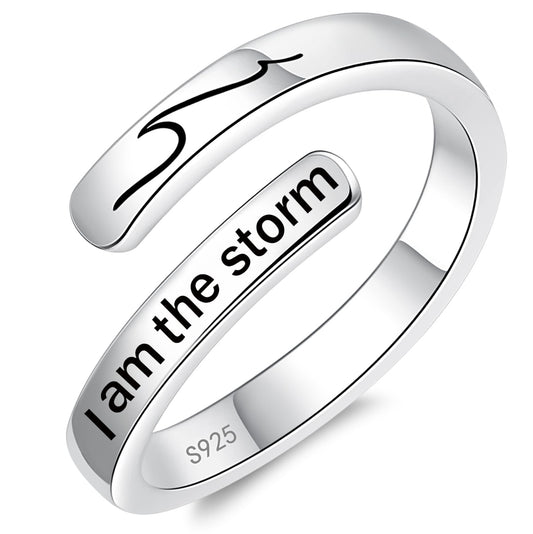 925 Sterling Silver Inspirational Jewelry Adjustable Wrap Open Ring Encouragement Gift for Women(I am the storm 2)