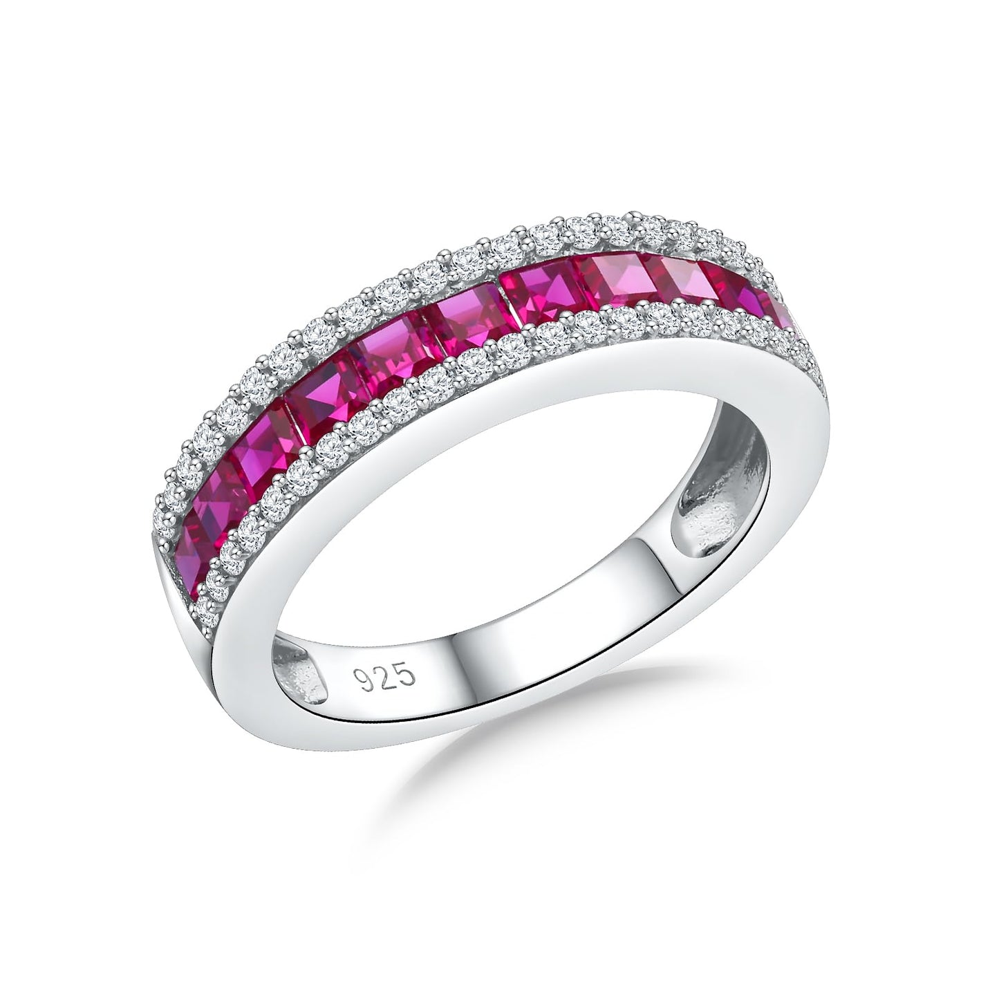 RANDES Ruby Rings Half Eternity Band 925 Sterling Silver Channel Set Wedding Bands Red Stone Anniversary Ring 6mm Thick Band Rings for Women Size 10