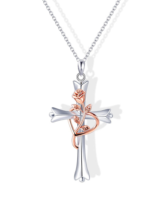 ACECHA Silver Cross Necklace for Women, Dainty Faith Cross Pendant Necklaces with Rose Jewelry for Mom Wife Daughter Sister | Gifts for Birthday Anniversary Christmas Easter(White Silver-Rose)