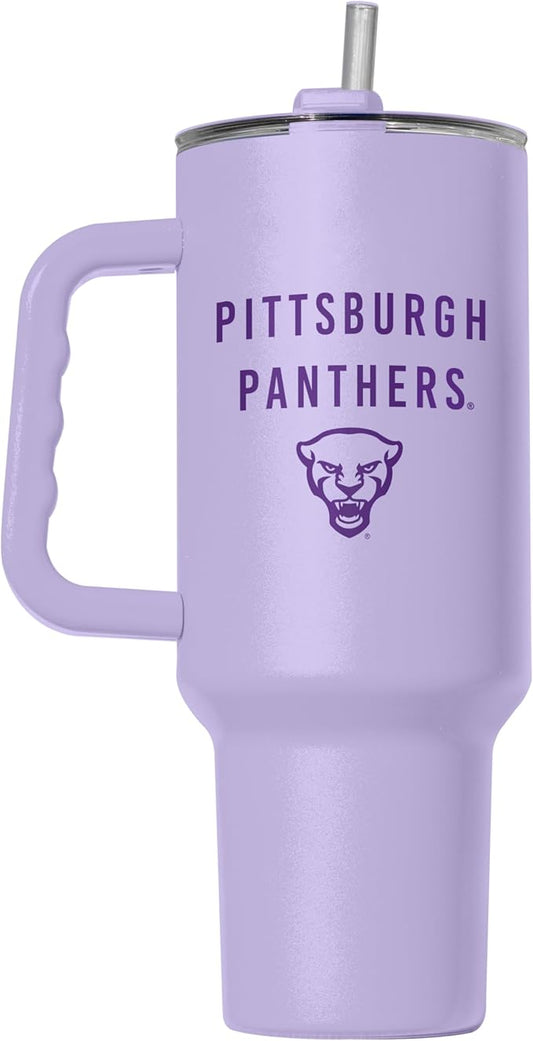 Logo Brands NCAA Pittsburgh Panthers Lavender 40 oz Tumbler with Handle - Stylish Everyday Use Powder Coated-Stainless Steel with Straw- Keeps Cold For Hours