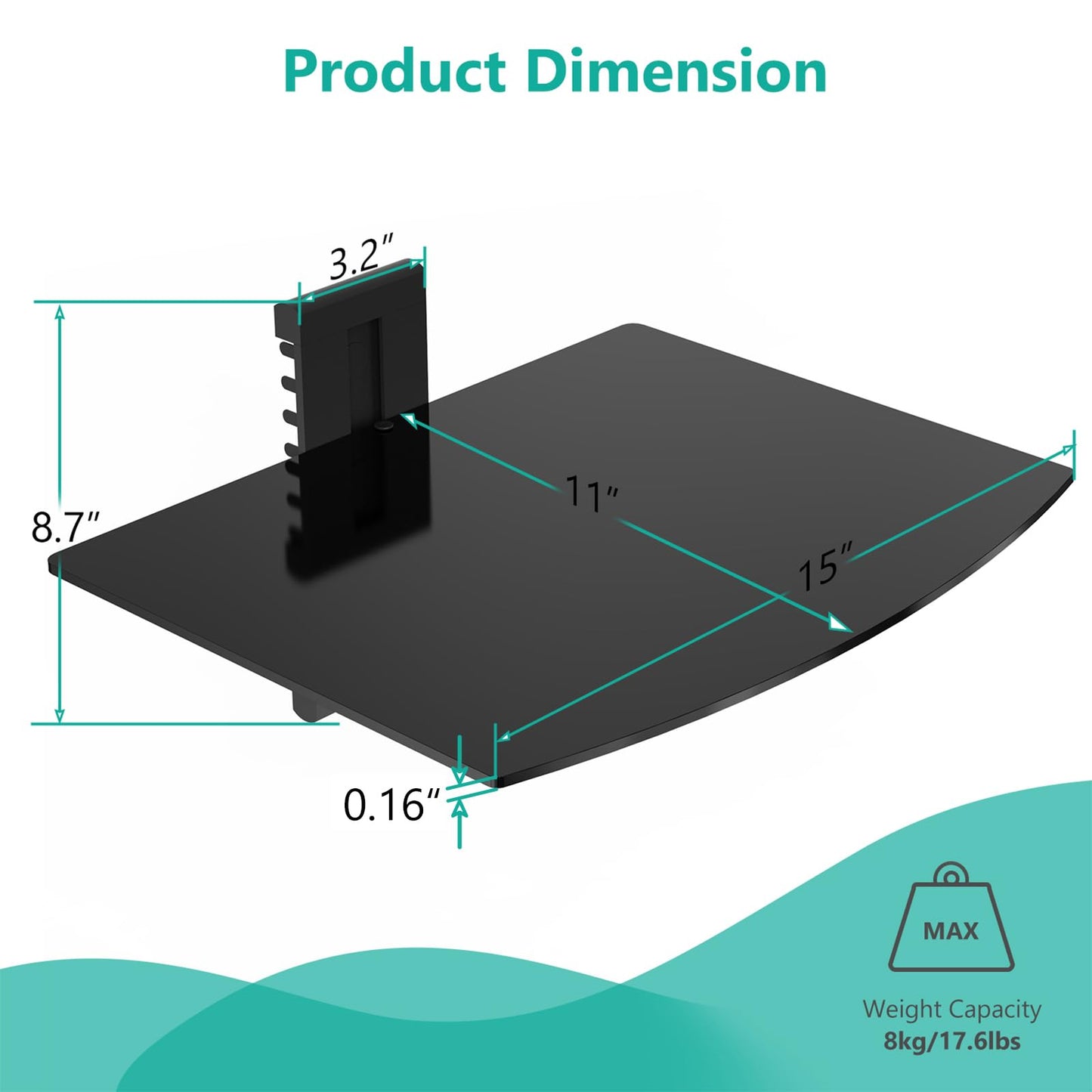 WALI Floating TV Shelf, 1 Tier Glass Projector Shelf for DVD Players, Routers, Game Consoles, Cable Boxes, Living Room Decor, Wall Mount Shelves Hold Up to 17.6lbs (CS201B), 1-Shelf, Black