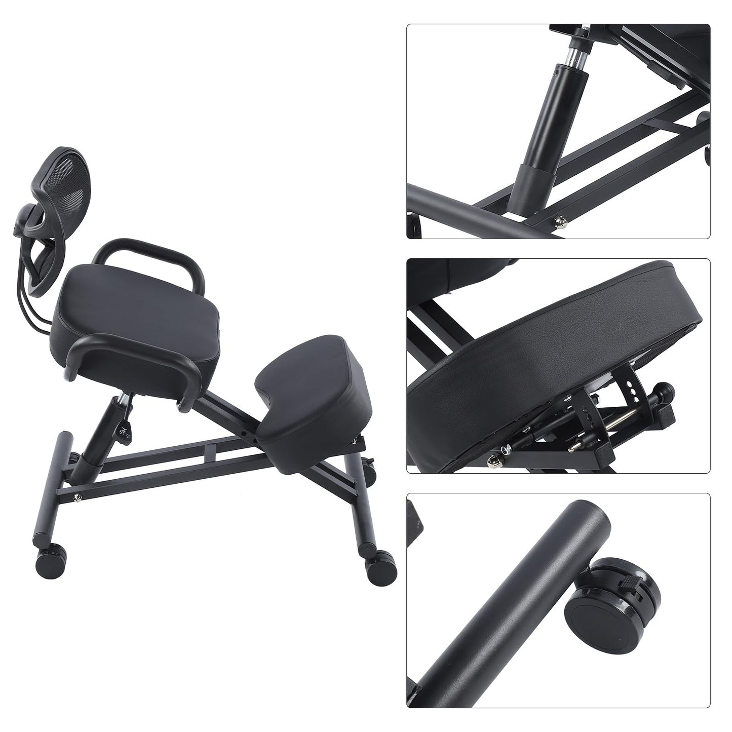 Ergonomic Height Adjustable Breathable Kneeling Chair Back Support Kneeling Chair with Leather Cushion Comfortable Mesh Backrest, Spine Alignment Support