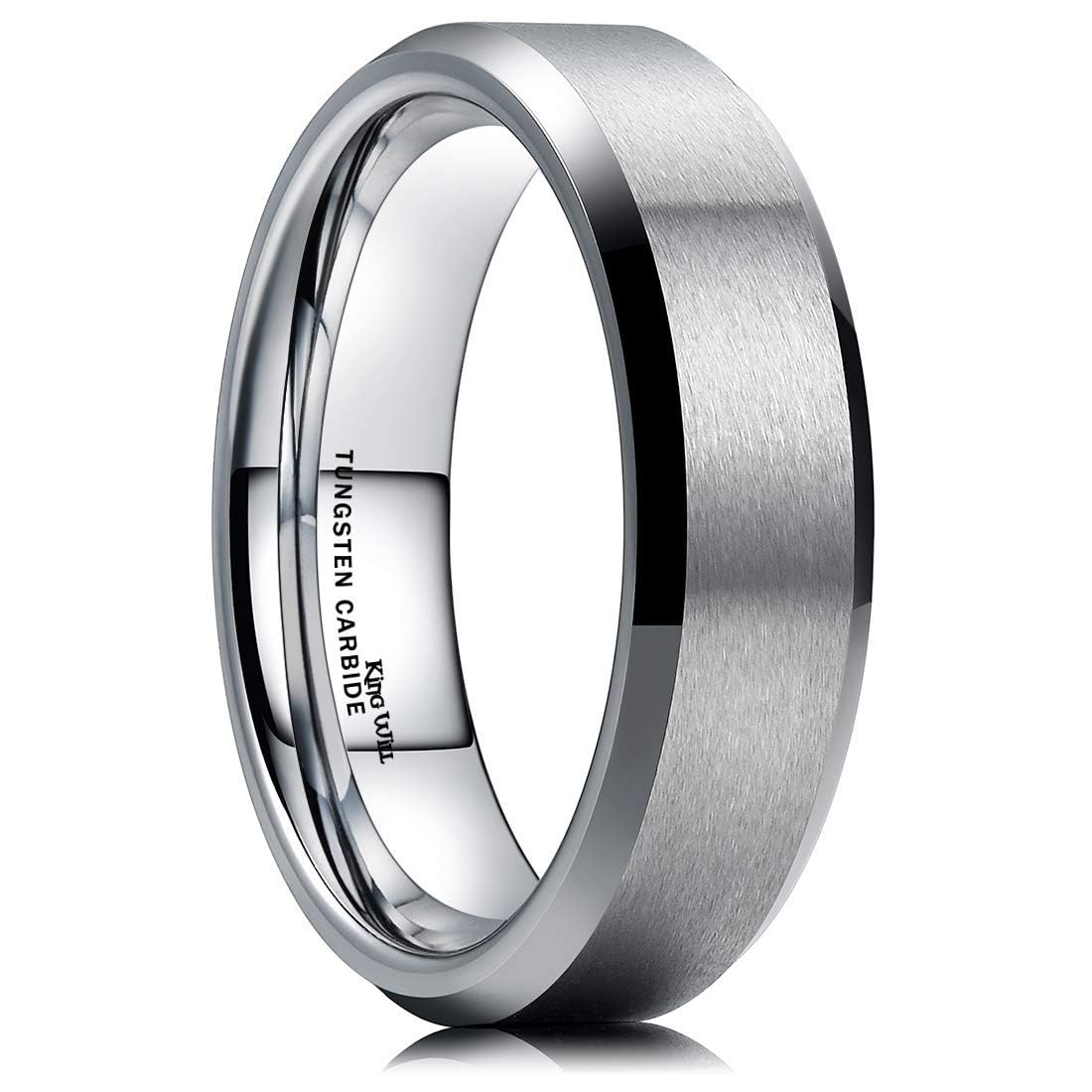 King Will 6mm Men's Silver Wedding Ring - Brushed Matte Surface, Beveled Polished Edge, Comfort Fit Size14