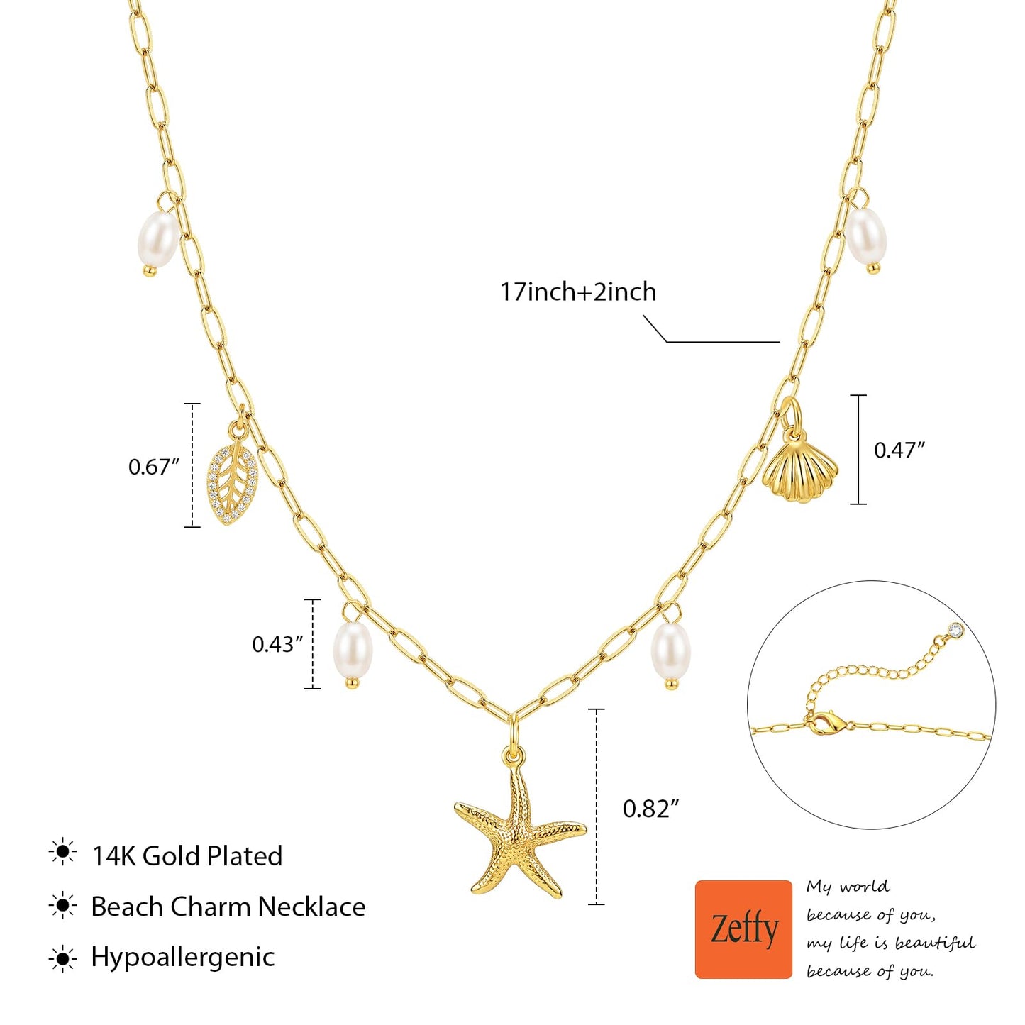 Zeffy Charm Necklace for Women - Dainty Paperclip Beach Charm Necklaces Cute Shell Necklace Starfish Leaf Pendant FreshwaterPearl Necklace Accessory Beach Preppy Stuff Ocean Summer Jewelry