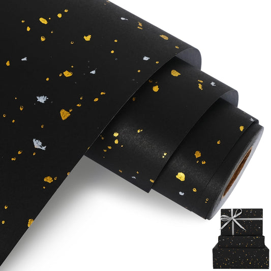 Aimyoo Black Wrapping Paper Roll - Mini Roll - 17 Inch x 60 Feet - Black with Gold Flakes Foil Design for Christmas, Wedding, Birthday,Holiday,Celebrations