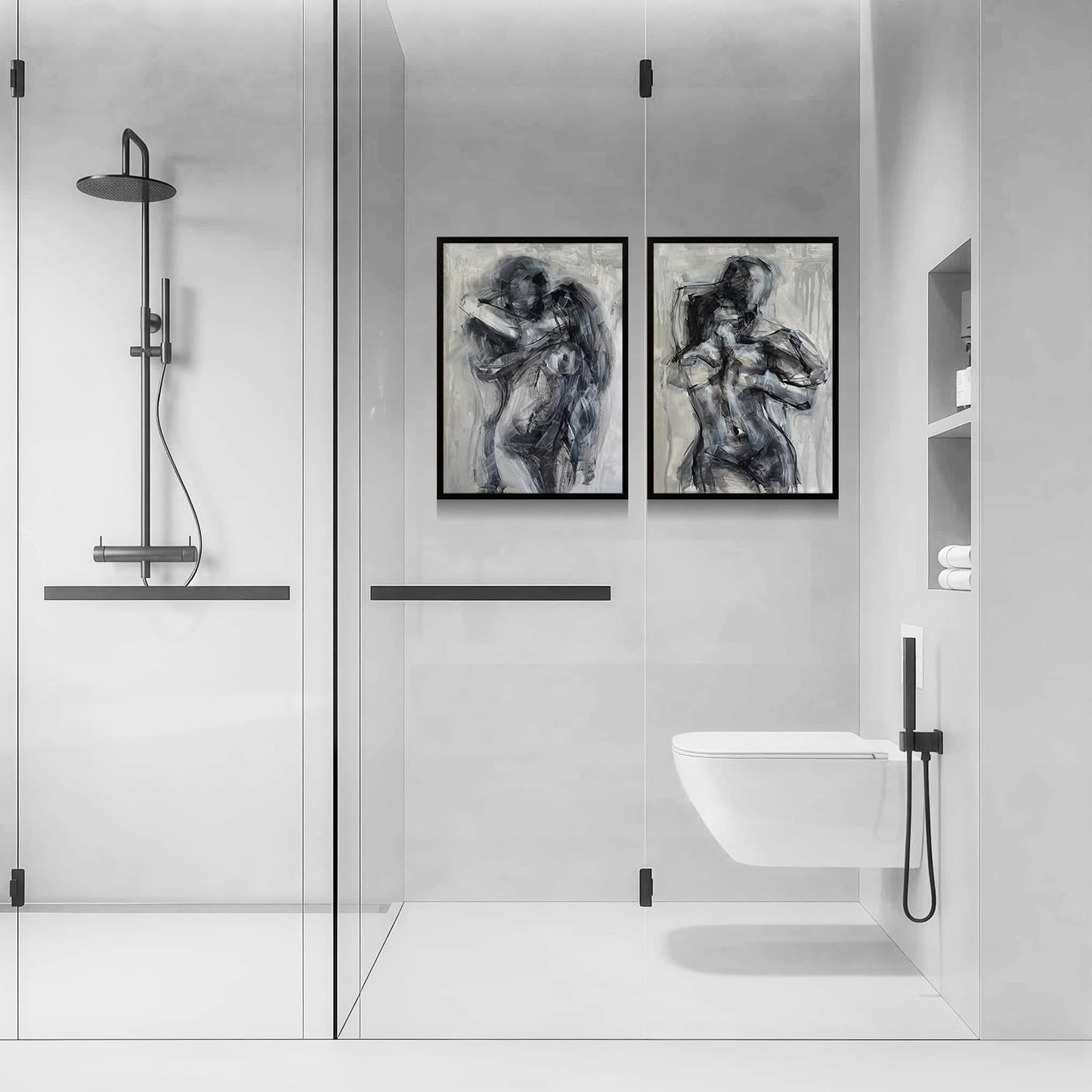 2Pcs Framed Black and White Bathroom Canvas Wall Art Abstract Nude Prints Couple Modern Gallery Style Painting Pen sketch Posters Decorations Bedroom Living Room Bathroom 12x16 Inch Ready to Hang