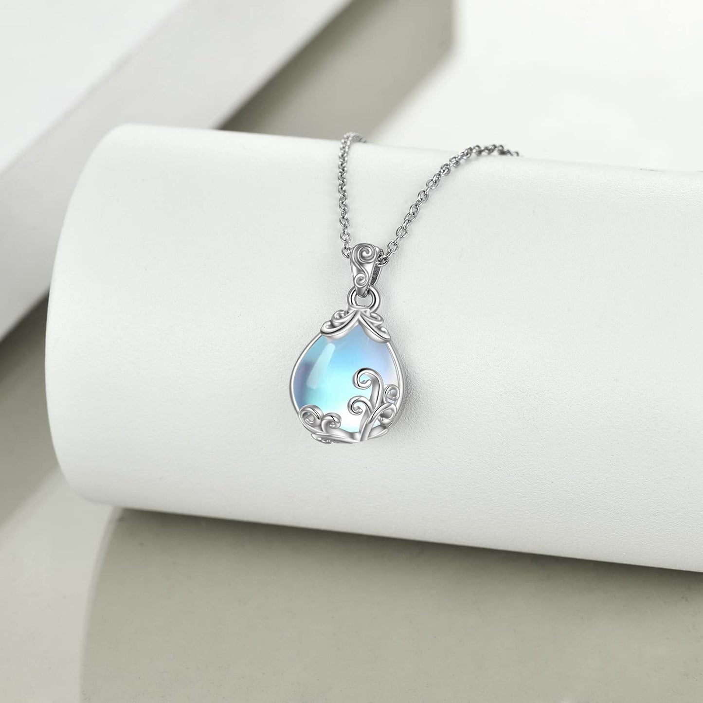 POPLYKE Sterling Silver Moonstone Filigree Teardrop Pendant Necklace Gemstone Crystal Jewelry for Women