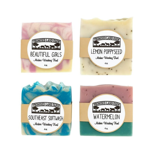 Promised Land Farm Grass-Fed Tallow Soap Bar 4 Pack | Handmade Natural Soap | Cherry Almond, Lemon Poppyseed, Mahogany Teak, Watermelon | Moisturizing Farm Soap For Face & Body | Cold Process