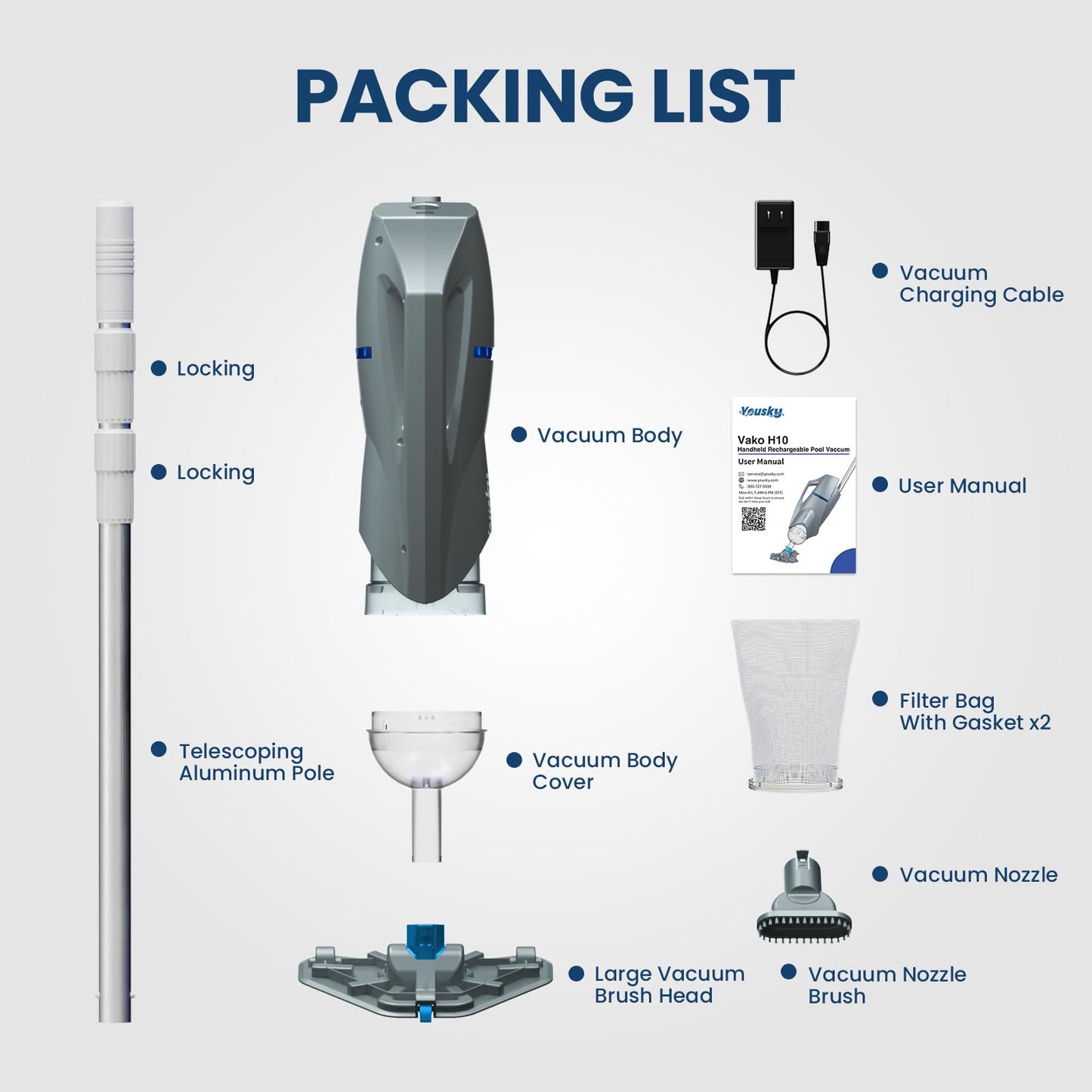 Cordless Pool Vacuum for Above Ground Pool with Telescopic Pole, 18.5 GPM Powerful Suction, 45 Mins Runtime, Rechargeable Handheld Pool Cleaner with 2 Brush Heads for Inground Pools
