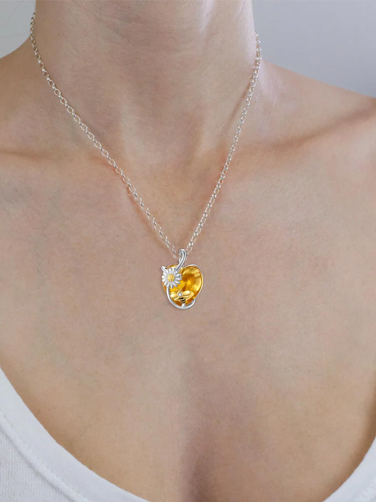 AENEAS Valentines Day Gifts for Women Her Bee Necklace 925 Sterling Silver Daisy Honey Bee Pendant Necklace with Love Heart Citrine Crystal Jewelry for Birthday Christmas Anniversary