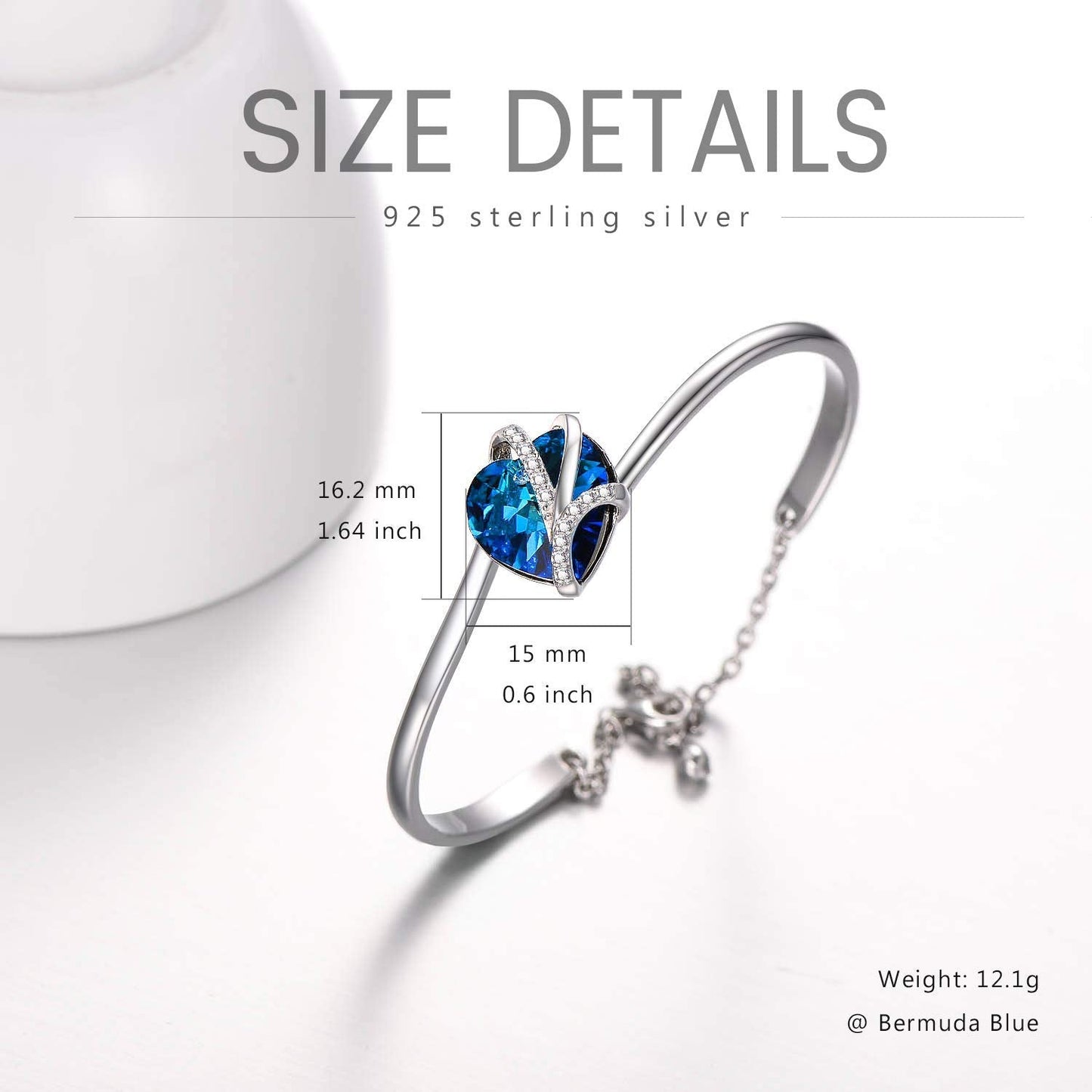 AOBOCO Love Heart Bangle Bracelet Sterling Silver Women Bracelet Embellished with Blue Crystals from Austria, Fine Anniversary Birthday I Love You Jewelry Gifts for Women Wife Girlfriend Daughter Mom