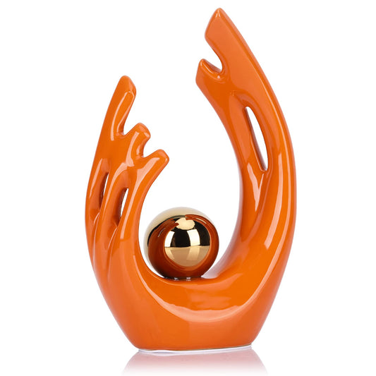 9.5"H Orange Gold Aesthetic Room Decor Accent, TV Stand Funky Table Centerpiece, Abstract Art Ceramic Statue and Sculpture, Orange Decor for Living Room, Bookshelf Decorative Objects, Shelf Decor