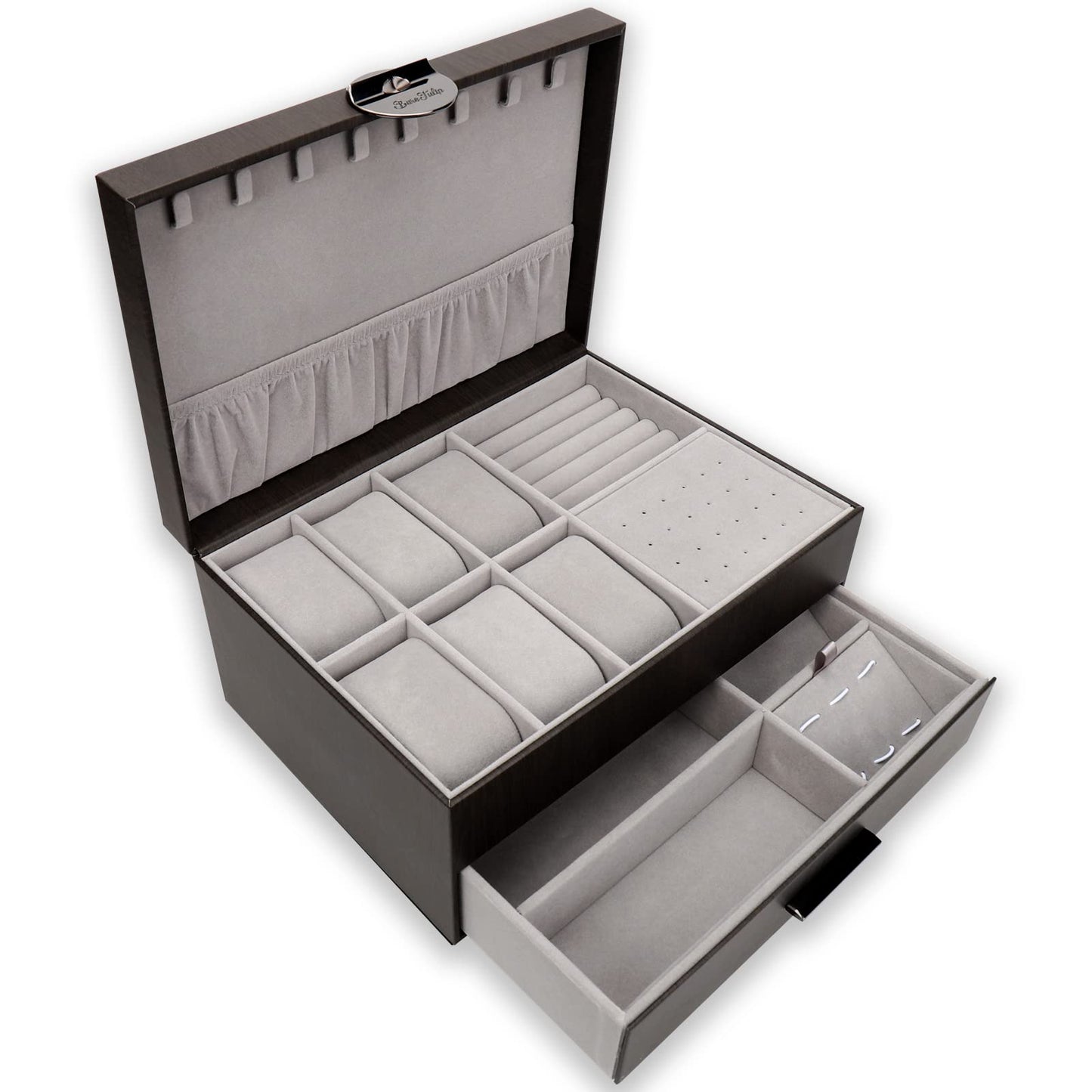 BareTulip Jewelry Box for Men 2-Layer Valet Organizer with 2 Drawers Watch Ring Necklace Cufflink Storage Case Glass Lid Premium PU Leather Mens Accessories Box Gift for Husband Boyfriend Dad Black