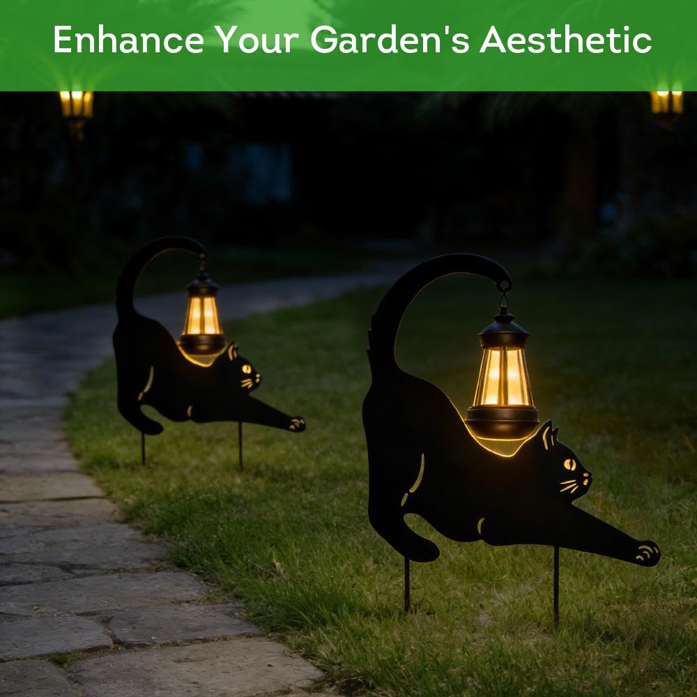 Lily's Home Black Metal Cat Garden Decor with Solar Light Lantern - Outdoor Solar Lights for Pathway & Patio - Durable Waterproof Metal - Yard & Patio Decor - Unique Gift for Cat Lovers - 18'' Tall