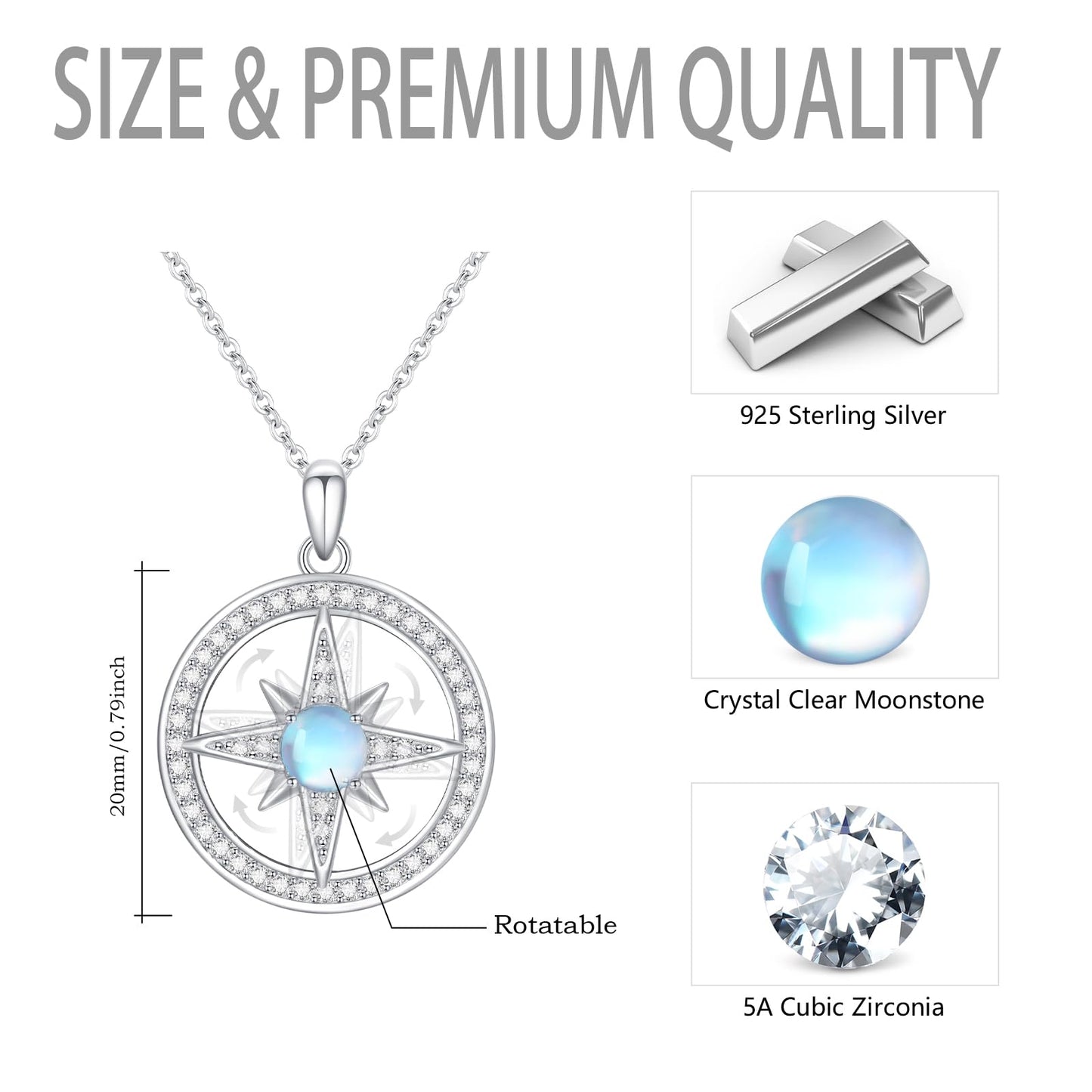 Silikepa Star Necklace for Women 925 Sterling Silver North Star Pendant Necklace Round Rotating Pendant with Moonstone Jewelry Gift for Women