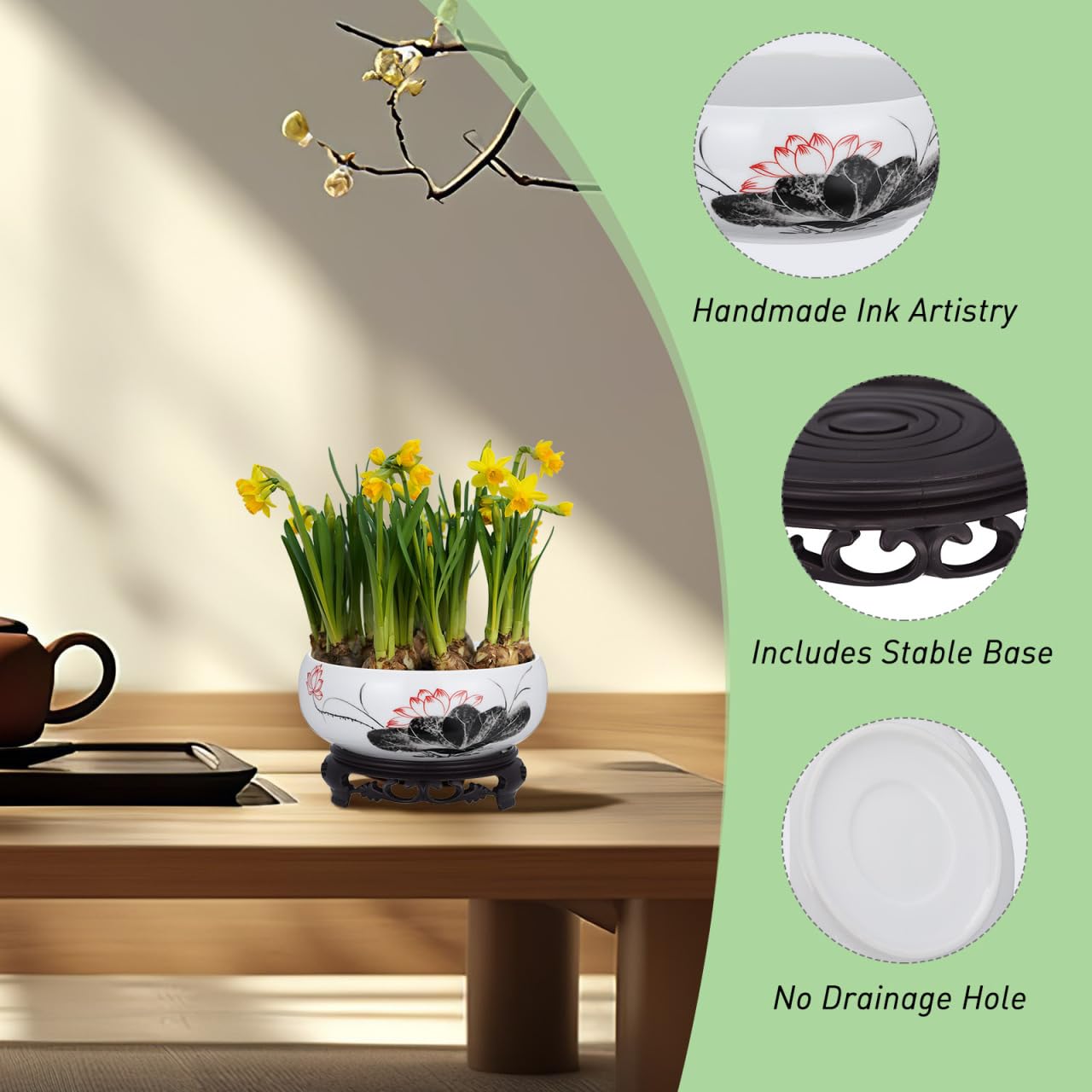 DOITOOL Blue and White Porcelain Lotus Bowl Planter Pot with Stand Ceramic Hydroponic Container for Water Lily Narcissus Bonsai Indoor Home Office Garden Decor
