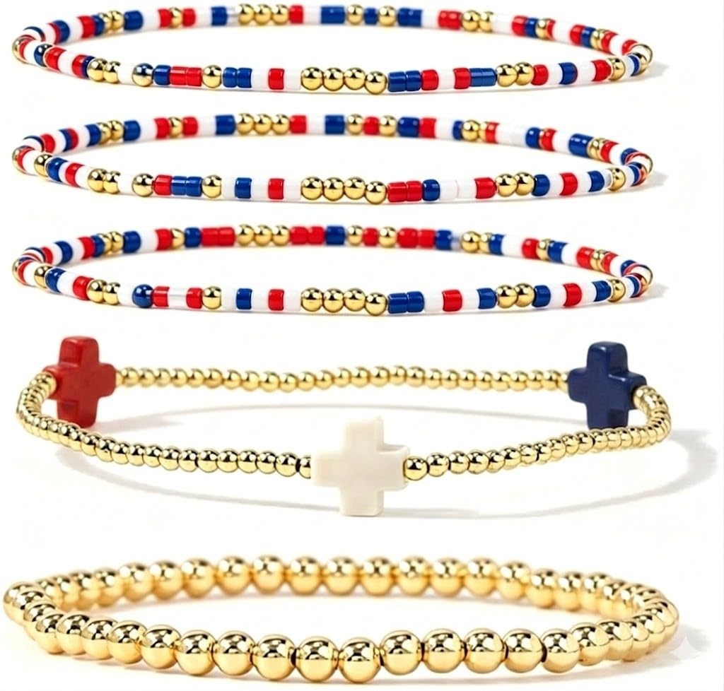Bohxantium 4th of July Bracelet Stack for Women,Dainty Gold Beaded Cross Patriotic Bracelets Set,Elastic Red White Blue Tiny Beads Usa Bracelet,Trendy Fourth of July Independence Day Accessories Gifts