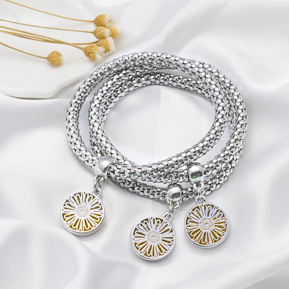 Crystal Charms Multilayer Bracelets - 3PCS Gold/Silver/Rose Gold Corn Chain Bracelet for Women, Tree of Life Heart Shaped Stretch Bracelet (Silver Daisy Charm)