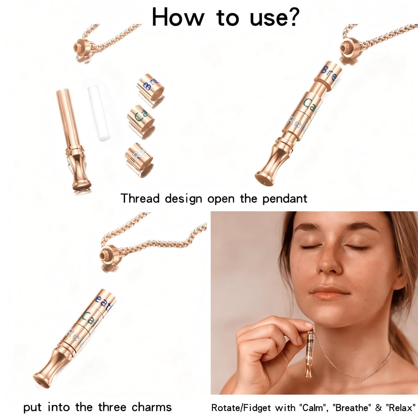 Fidget Necklace with Spinning Calm, Breathe, Relax Charms - Sensory Anxiety Relief & Deep Breathing Aid Stainless Steel Necklaces for Women Men (Rose Gold)