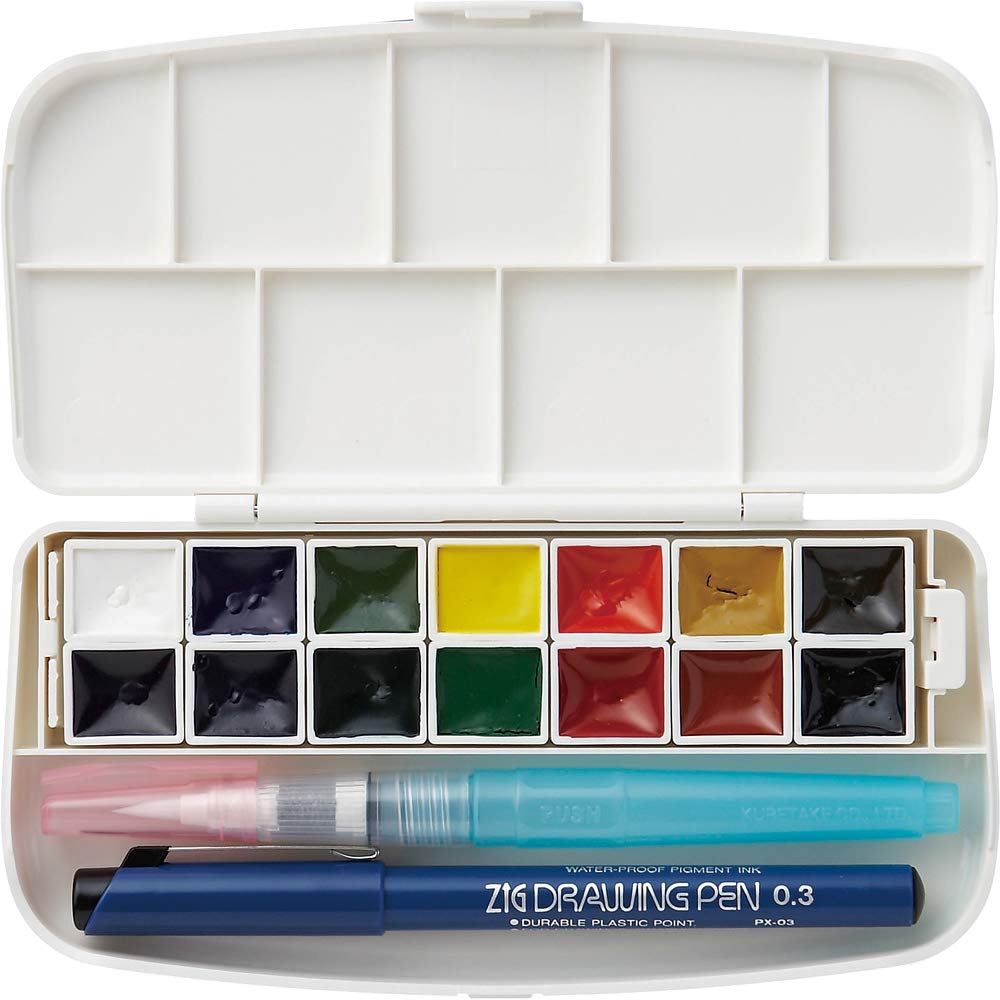 Kuretake WATERCOLOUR TRANSPARENT 14 colors set with fineliner pen and water brush pen, Portable, In a compact box, Vibrant watercolors, For professional and hobbyist, AP-Certified, Made in Japan