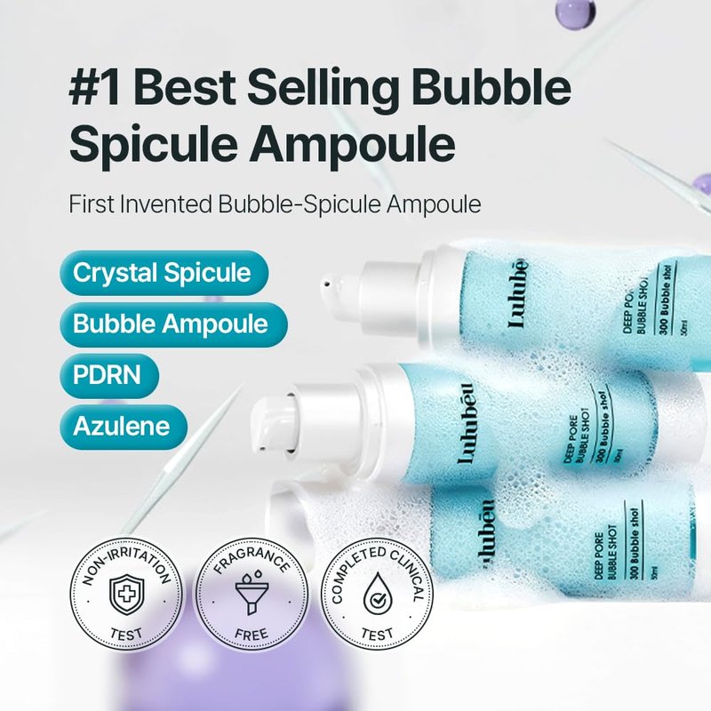 LULUBEU Deep Pore Bubble Shot Ampoule, K-Beauty Deep Pore Prep Serum with Crystal Spicule, PDRN & Azulene, 300-Shot Spicule System for Smoother, Clear-Looking Skin