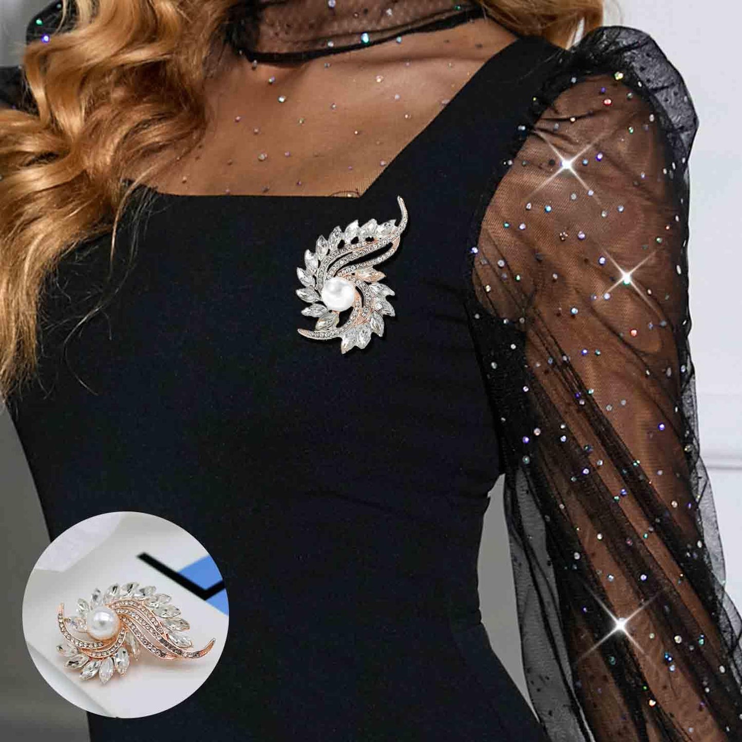 Flower Crystal Brooches Pins Fashion Beautiful Created Rhinestone Floral Brooch Good Idea for Party Dance Wedding Banquet for Elegant Women Girl (Pearl Flower)