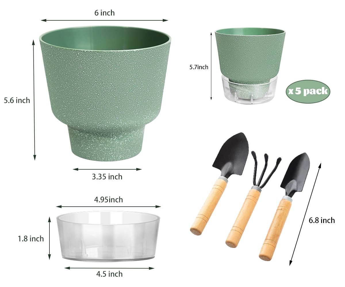 HYNZ Plant Pots - 6" Orchid Pot, 5 Pack Orchid Pots with Holes - Self Watering Pots for Indoor Plants - Plant Pots with Drainage Hole and Tray Saucer (Frosted Gray)