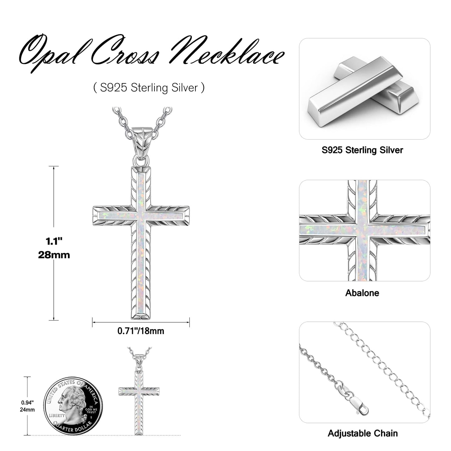 Dreamboat Sterling Silver Cross Necklace for Womens Cross Pendant Faith Christian Jewelry White Opal Necklace Confirmation Religious Gifts
