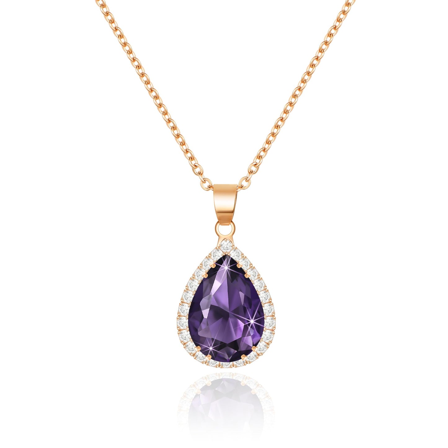 Linawe Lab Created Amethyst Crystal Chain Necklace for Women Trendy Rose Imitation Gold Plated, Purple Imitation Diamond Cubic Zirconia Rhinestone Birthstone Pendant Necklace
