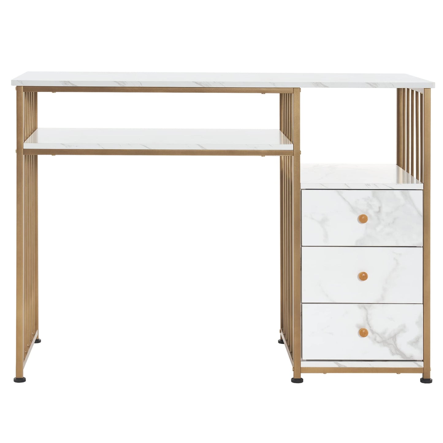 BarberPub Manicure Table for Nail Tech, Golden & Marbling Texture Nail Desk with Storage Drawers and Shelf, Home Salon Spa Equipment, Beauty Nail Table with Metal Frame 2407