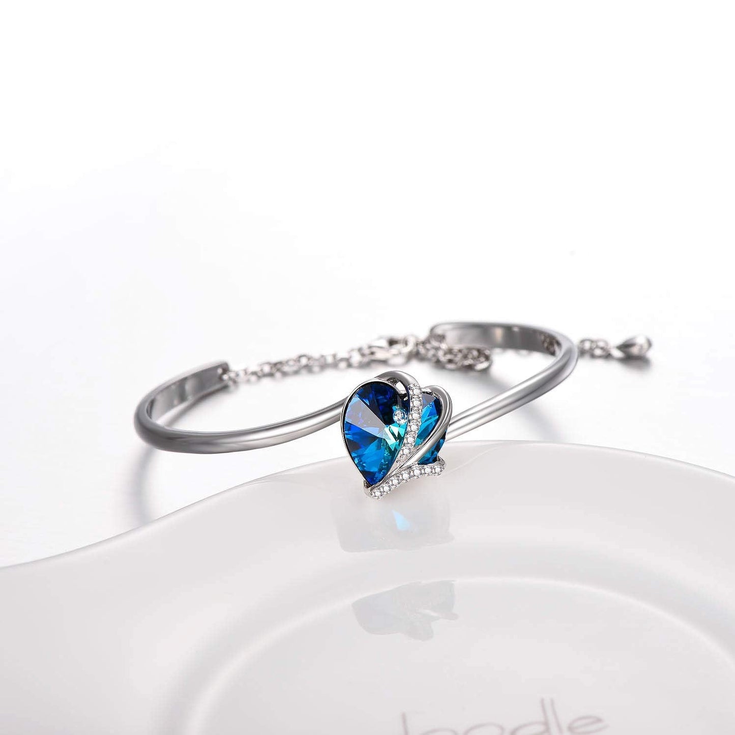 AOBOCO Love Heart Bangle Bracelet Sterling Silver Women Bracelet Embellished with Blue Crystals from Austria, Fine Anniversary Birthday I Love You Jewelry Gifts for Women Wife Girlfriend Daughter Mom