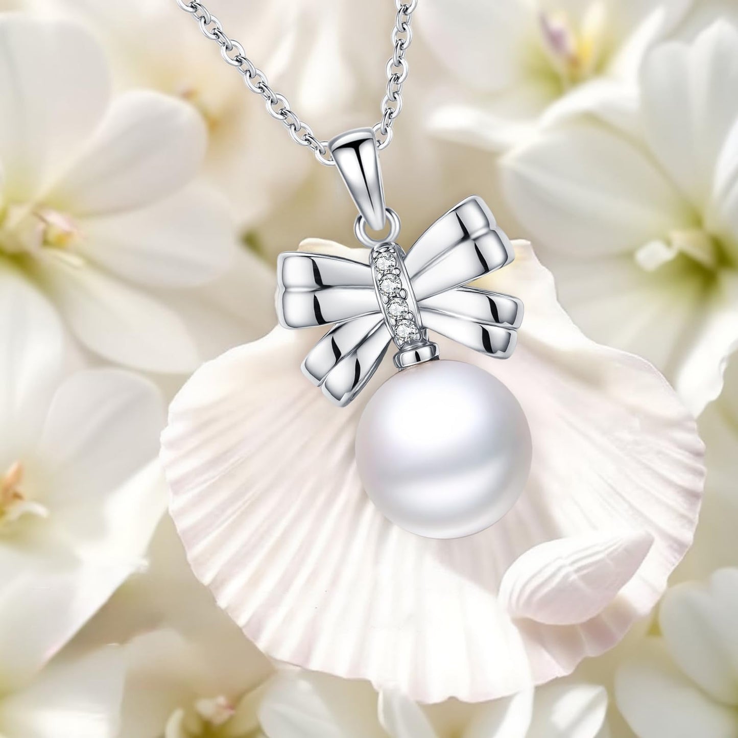 13 mm Bow Pearl Necklace 925 Sterling Silver Jewelry 5A Cubic Zirconia Pendant Necklace Gifts for Mom Women Girlfriend Grandma Lover Her Wedding Birthday Anniversary Engagement Valentine's Day