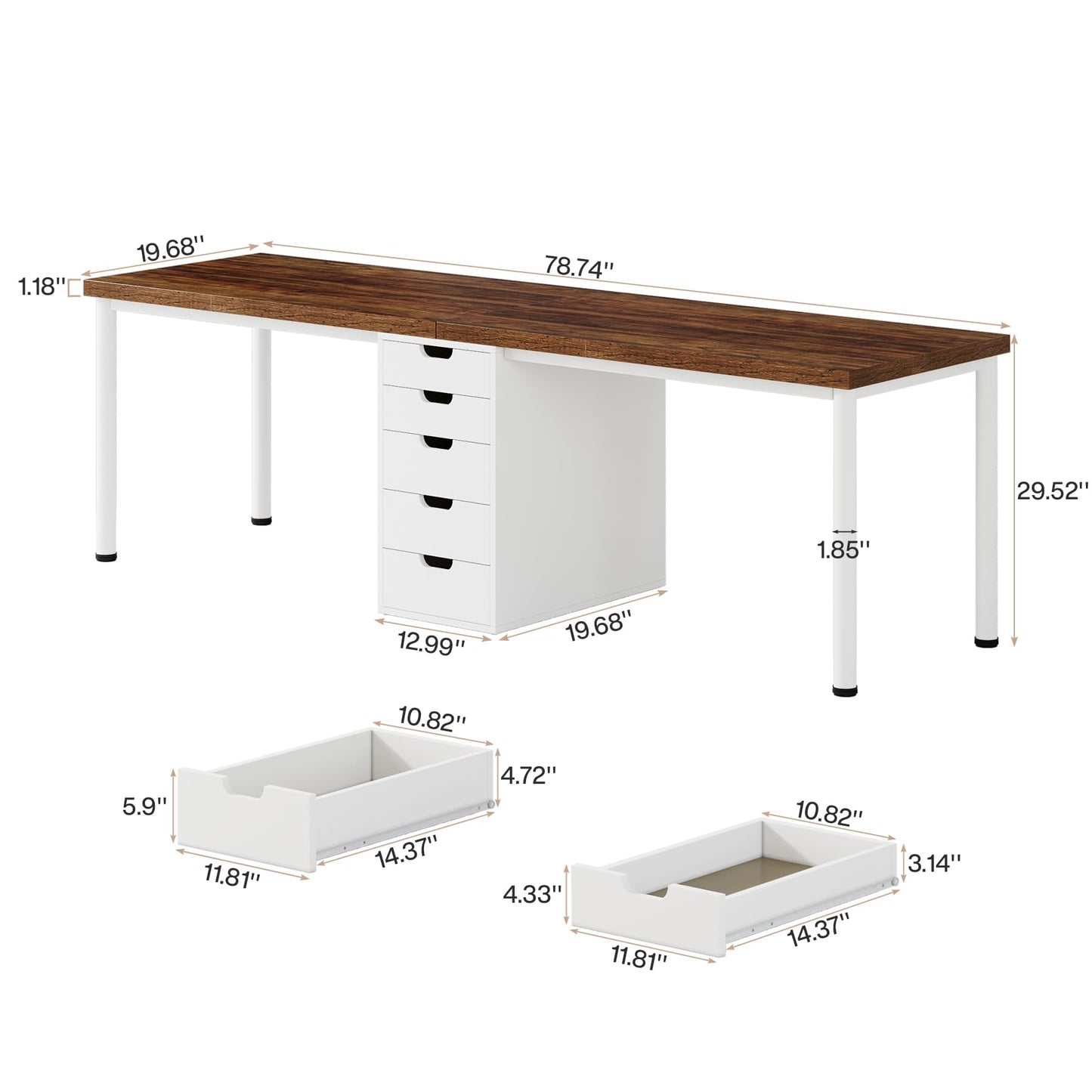 Tribesigns Two Person Computer Desk with 5 Drawers, 78.7 Inches Extra Long Double Office Desk, Modern Simple Double Computer Desk Study Writing Table Workstation for Home Office(Brown/White)