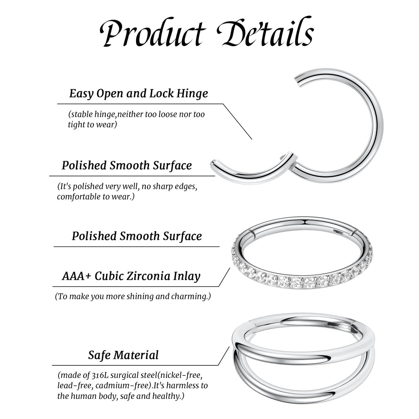 GAGABODY Septum Ring Septum Jewelry Seamless Double Hoop Conch Piercing Jewelry 14 Gauge Nose Ring Hoop 14g Cartilage Earring with CZ Lip Rings 6mm Nose Hoop Surgical Steel Helix Earrings Silver