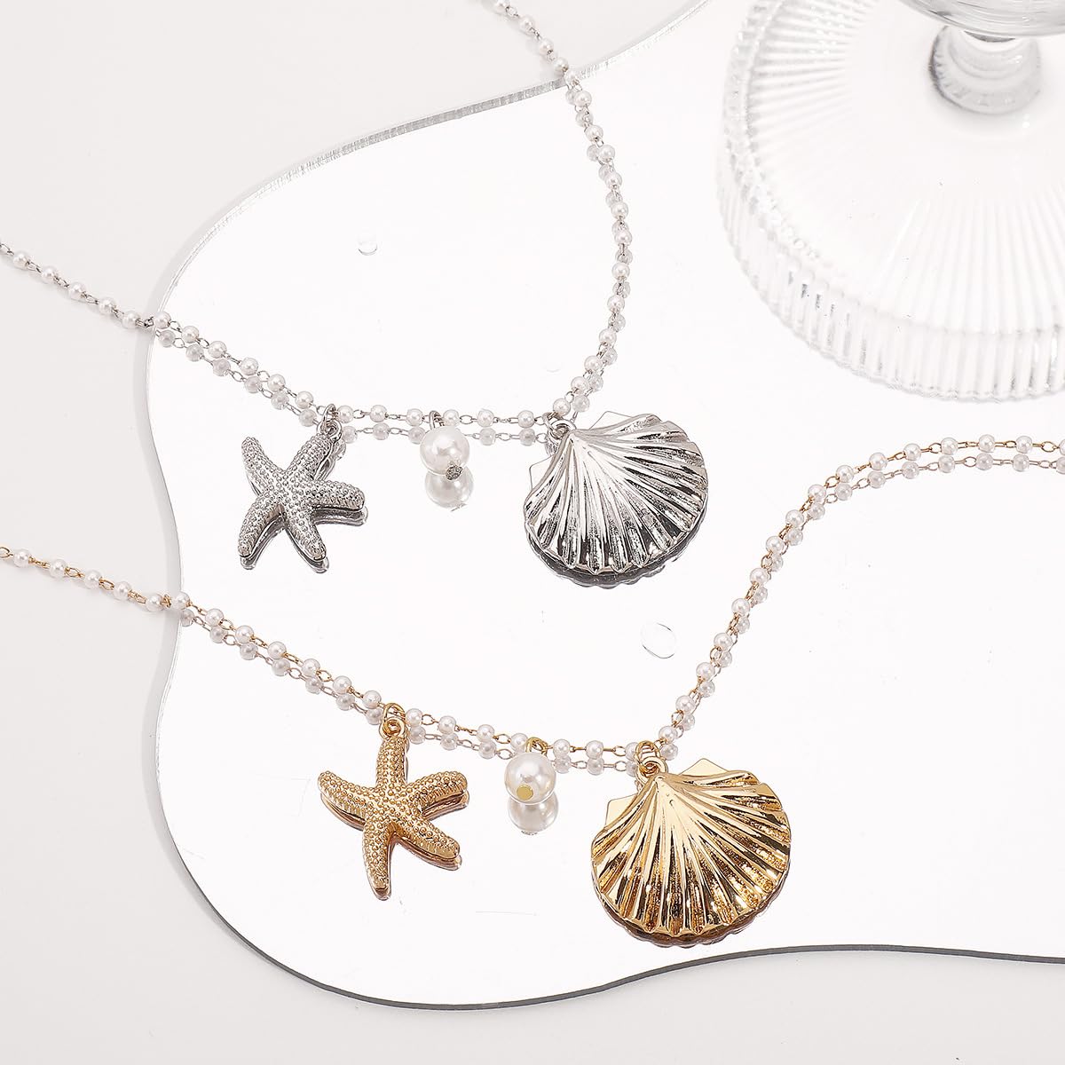Starfish Necklace Gold Beach Jewelry for Women Pearl Seashell Necklace Cowrie Shell Beach Necklaces Ocean Summer Starfish Jewelry (5 - gold)