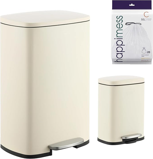 happimess HPM1006F Connor Rectangular 13-Gallon Trash Can with Soft-Close Lid and Free Mini Trash Can, Fingerprint Resistant, Modern, Minimalistic for Home, Kitchen, Office, Bathroom, Limestone Beige