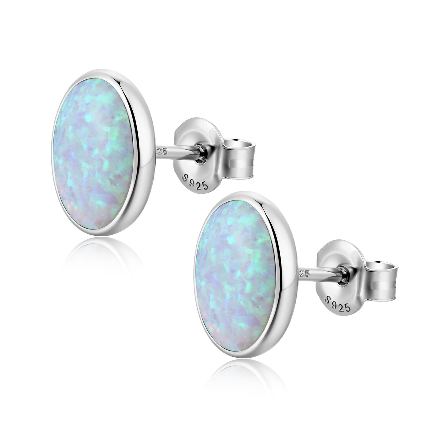 JiayangJY White Fire Opal Stud Earrings for Women 18K White Gold Plated Sterling Silver Oval Shape 6mm Opal Earrings with Push Back