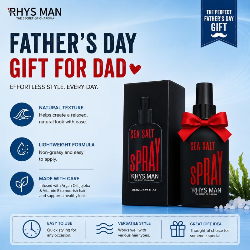 RHYS MAN Sea Salt Spray for Men - Father Gifts, Dad Gifts - Hair Texturizing Spray for Beach Waves, Volume & Matte Finish - Argan Oil, Jojoba & Vitamin E, 6.8 Fl Oz