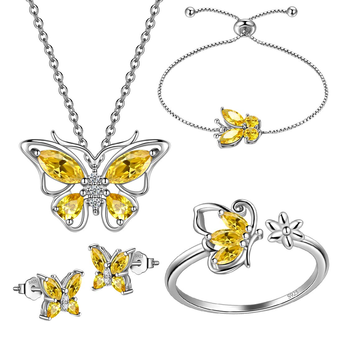 Hipunk Butterfly Yellow Jewelry Sets Birthstone Women 925 Sterling Silver November-Citrine Birth Stone Animal Butterflies Jewelry Sets/Earring/Ring/Bracelet Set Crystal Birthday Jewelry SS0003N