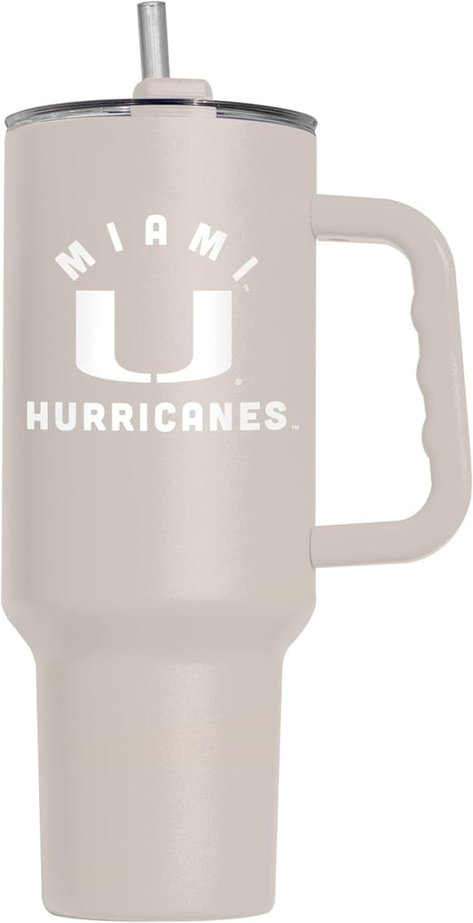 Logo Brands NCAA Miami Hurricanes Sand 40 oz Tumbler with Handle - Stylish Everyday Use Powder Coated-Stainless Steel with Straw- Keeps Cold For Hours