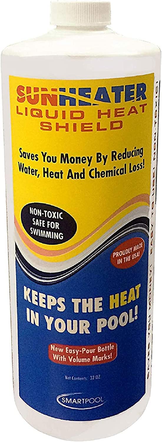 Sunheater Liquid Solar Blanket for Pools, Cover Free Liquid Heat Shield, Non-Toxic and Safe for Swimmers, Reduces Heat Loss, Chemical Loss and Water Evaporation, New and Improved Formula, 32 oz Bottle