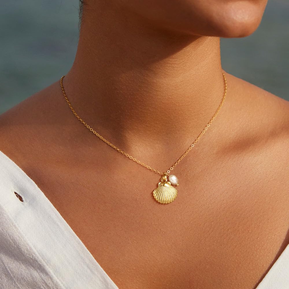Picuzzy 14K Gold Plated Seashell Pendant Necklace for Women Trendy, Sea Shell Beach Necklace Ocean Coastal Tropical Nautical Vacation Summer Jewelry Pearl Accessories for Women
